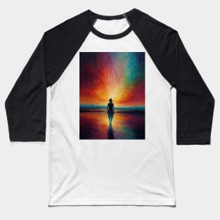 Woman Standing on Shoreline at Sunset With Radiant Sky Reflections in Water Baseball T-Shirt